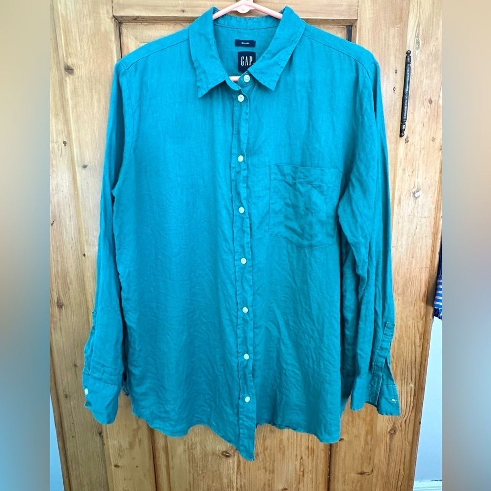 Gap 100% Linen Green Long Sleeve Button Down Shirt Size Large